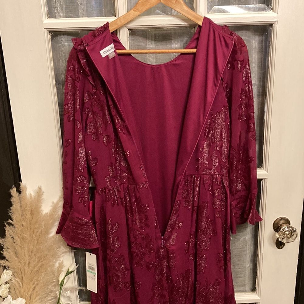 NWT Calvin Klein Burgundy and Silver Metallic Floral Dress - Picture 8 of 15